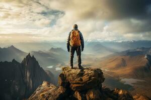 promeneur sur le Haut de le Montagne à la recherche à le magnifique paysage le coucher du soleil ai généré photo