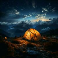 étoilé sommet camping tente lancé haut, immergé dans montagneux nocturne grandeur pour social médias Publier Taille ai généré photo