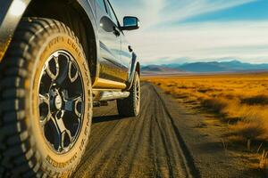 géorgien safari tour en haut proche vue de roues sur sauvage expédition ai généré photo