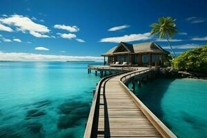Maldives luxe recours villas ensoleillé paysage marin, vif couleurs, et idyllique tranquillité ai généré photo