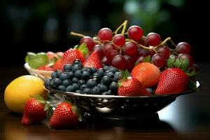 élégant table arrangement avec Frais des fruits sur une luxe assiette ai généré photo