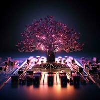 abstrait 3d arbre rose et violet circuits sur une foncé toile de fond pour social médias Publier Taille ai généré photo