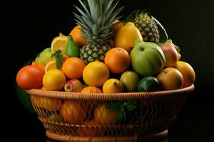 une achats Chariot débordant avec des oranges, bananes, ananas, et pommes ai généré photo