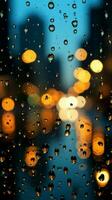 gouttes de pluie brouiller sur verre, une villes nocturne toile de fond émerge doucement verticale mobile fond d'écran ai généré photo