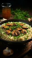 une tentant bol de champignon Risotto prend centre étape sur table verticale mobile fond d'écran ai généré photo