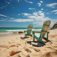 côtier battre en retraite plage chaises sur blanc sable, embrassé par bleu ciel et Soleil pour social médias Publier Taille ai généré photo