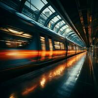 transitoire se ruer mouvement brouiller cadres haute la vitesse les trains passage par animé station pour social médias Publier Taille ai généré photo