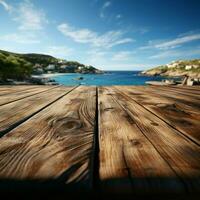 paysage marin la fusion en bois table au milieu de flou mer île et expansif bleu ciel pour social médias Publier Taille ai généré photo