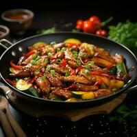 poulet remuer frire avec Zucchini et sucré poivrons, chinois cuisine pour social médias Publier Taille ai généré photo