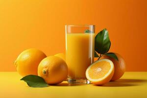 agrumes délice Frais des oranges, une verre de jus sur pastel Contexte ai généré photo