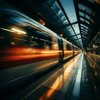 transitoire se ruer mouvement brouiller cadres haute la vitesse les trains passage par animé station pour social médias Publier Taille ai généré photo