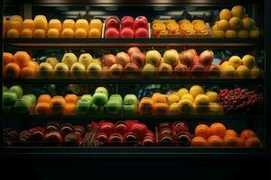 vente au détail magasins verre Cas mettant en valeur un abondance de pommes, des oranges ai généré photo