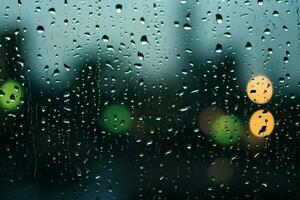 fenêtre à le mousson gouttes de pluie sur le verre dans pluvieux saison ai généré photo