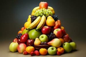 des fruits organisé dans empilés groupes, formant une captivant présentation ai généré photo