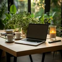 épuré espace de travail ordinateur portable, café tasse, carnet de notes, plante d'appartement, en bois table pour social médias Publier Taille ai généré photo