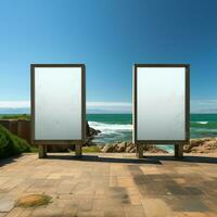 Marin panneau d'affichage Toile vide Cadre ensemble sur plage avec océan panorama pour social médias Publier Taille ai généré photo