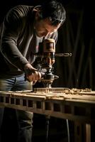 Charpentier travail sur une travail du bois machine dans le sien atelier ai généré photo