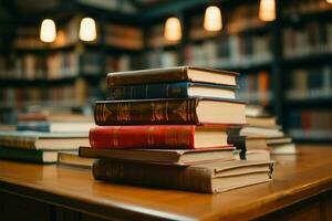 livres empilés soigneusement sur une table avec une bibliothèque toile de fond ai généré photo