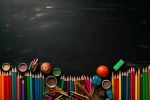 une tableau noir orné avec divers papeterie essentiel pour éducatif fins ai généré photo