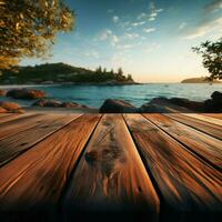 île horizon flou mer et ciel derrière en bois tableau, natures harmonieux afficher pour social médias Publier Taille ai généré photo