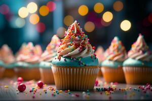 petit gâteau délices et vibrant des ballons créer une joyeux, flou toile de fond ai généré photo