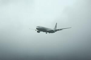 commercial avion en volant dans brouillard ai généré photo
