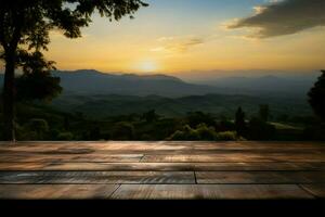 en bois table avec coucher de soleil, ciel, des arbres, et montagnes, une scénique mélange ai généré photo
