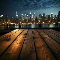 la nuit atmosphère en bois table avec ville bâtiments doucement flou dans le toile de fond pour social médias Publier Taille ai généré photo