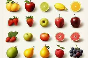 animé clipart graphique mettant en valeur une variété de des fruits sur blanc ai généré photo