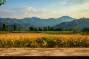 scénique en bois table au milieu de une ensoleillé champ avec Montagne toile de fond ai généré photo