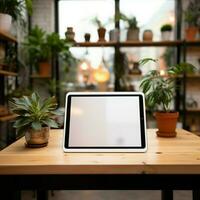 vide espace sur une dessus de la table, tablette maquette, avec flou Bureau pour social médias Publier Taille ai généré photo