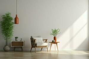 intérieur coup bien allumé vivant chambre, fauteuil, et Vide blanc mur ai généré photo