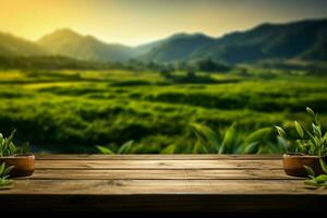 thé plantations beauté dans le arrière-plan, en bois sol à l'avant ai généré photo