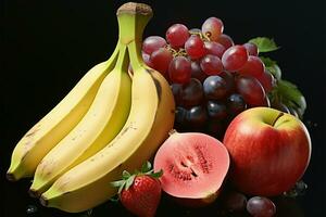 une composition de des fruits Trois bananes, deux raisins, un dragon fruit ai généré photo