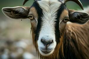 captivant proche en haut chèvre fait du œil contact avec le caméra lentille ai généré photo