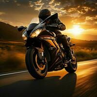 Autoroute lever du soleil croisière excès de vitesse motocycliste présente ouvert copie espace, symbolisant Aube expédition pour social médias Publier Taille ai généré photo