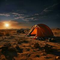 sablonneux solitude camping seul dans Dénudé désert, loin de civilisations agitation pour social médias Publier Taille ai généré photo