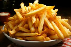 une proche examen de délicieux, frit à la perfection français frites ai généré photo