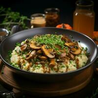 l'eau à la bouche champignon Risotto servi élégamment sur une rustique en bois table pour social médias Publier Taille ai généré photo