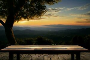 sérénité dans une Cadre en bois table contre coucher de soleil, ciel, arbre, montagnes ai généré photo