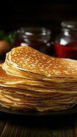 assiette de mince Crêpes, proche en haut sur une en bois Contexte verticale mobile fond d'écran ai généré photo