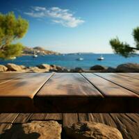 côtier Toile en bois table contre flou mer île toile de fond et serein bleu ciel pour social médias Publier Taille ai généré photo