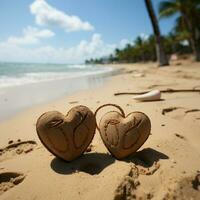 bord de mer l'amour Remarques manuscrit cœurs sur le sable toile de fond, tropical chaleur et affection pour social médias Publier Taille ai généré photo