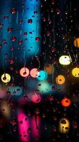 abstrait nuit scène fenêtre avec coloré gouttes de pluie, flou ville lumières verticale mobile fond d'écran ai généré photo