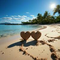 tropical romance le sable hôtes manuscrit cœurs contre une serein plage Contexte pour social médias Publier Taille ai généré photo