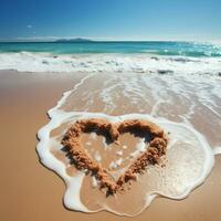 océanique affection sablonneux cœur sur plage, avec vagues fournir une scénique toile de fond pour social médias Publier Taille ai généré photo