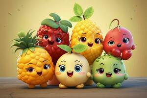 adorable fruit personnages dans charmant, Animé splendeur ai généré photo