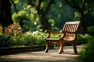 flou jardin toile de fond cadres le rustique charme de une en bois chaise ai généré photo