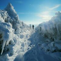 mise à l'échelle neigeux hauteurs empreintes marque flanc de coteau montée dans glacé, pittoresque alentours pour social médias Publier Taille ai généré photo