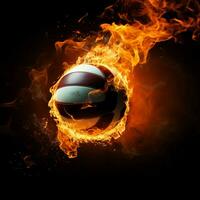 une volley-ball englouti dans flammes des stands en dehors contre une noir Contexte pour social médias Publier Taille ai généré photo